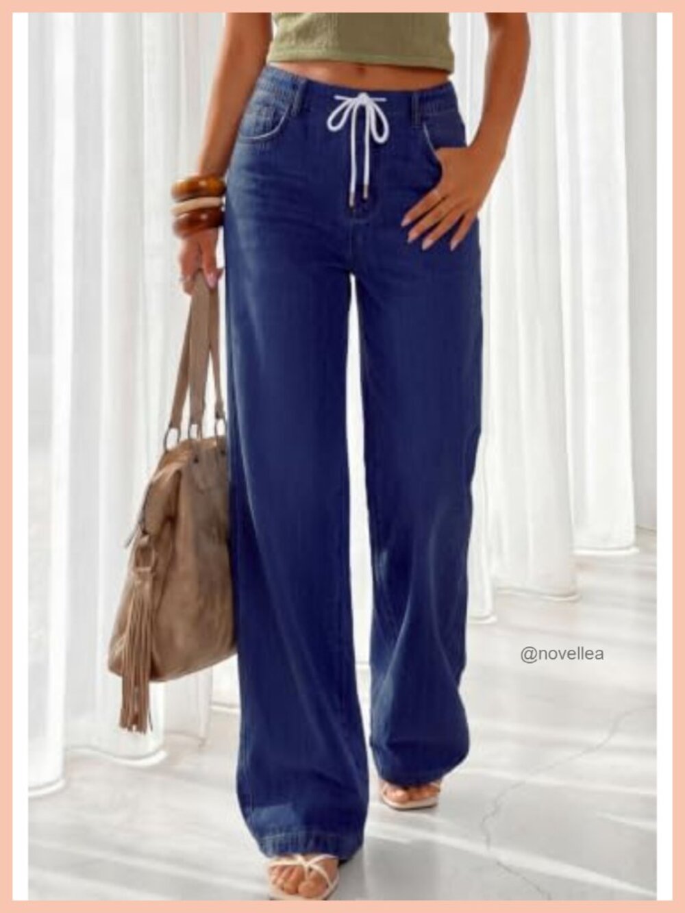 Stretchy High Waisted Wide Leg Jeans with Drawstring for Women Casual Baggy - Picture 5 of 6